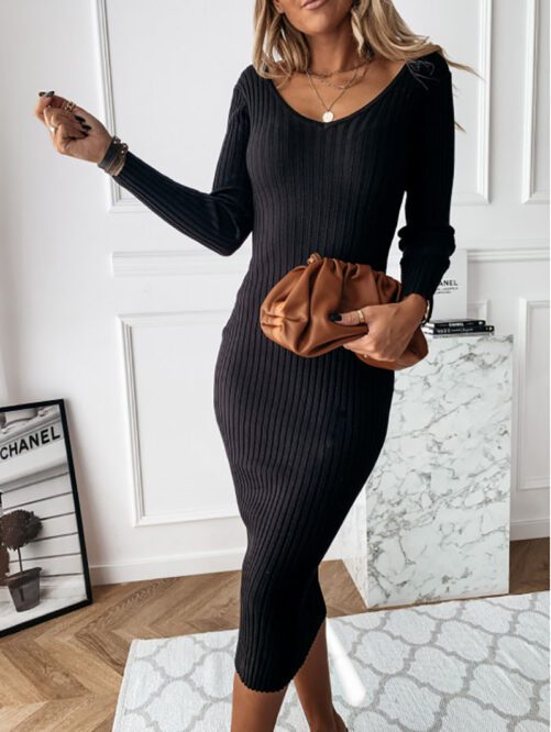 Casual Solid Color Ribbed Low Cut V-neck Tight Long Sleeve Dress