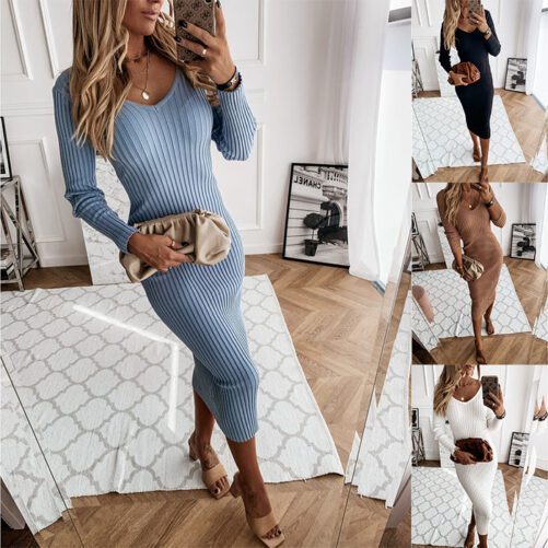 Casual Solid Color Ribbed Low Cut V-neck Tight Long Sleeve Dress