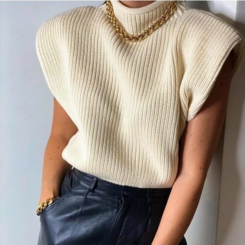 Autumn And Winter Women Solid Color Sleeveless Turtleneck Fashion Casual Shoulder Pad Top Sweatervest