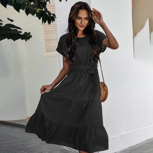 Spring And Summer Waist Simple Solid Color Dress For Women