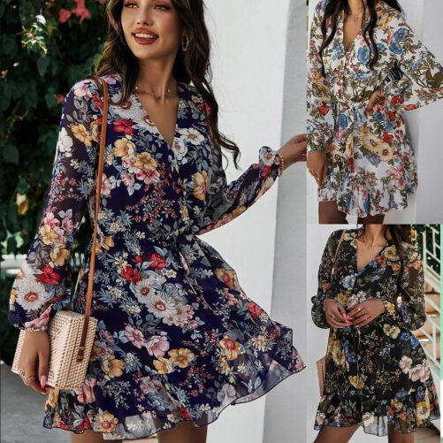 Women Clothing Spring And Summer V-neck Long Sleeve Chiffon Printed Dress For Women