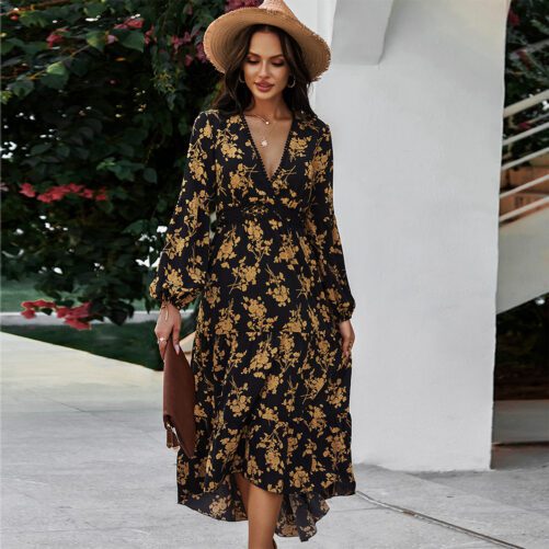Boho Fashion Floral Print Dress Spring And Summer New Sexy V-neck Temperament Commute Skirt