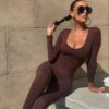 New Low-necked Close-fitting Long Sleeve High Waist Pure Color Sports Fitness Jumpsuit in Jumpsuits