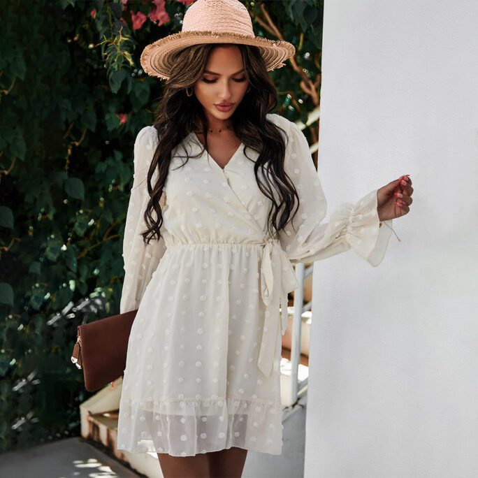 Boho New Spring Solid Color Long Sleeve High Waist Temperament Commuter Dress