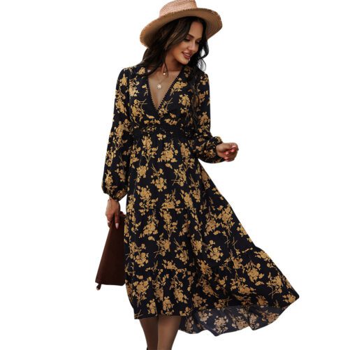 Boho Fashion Floral Print Dress Spring And Summer New Sexy V-neck Temperament Commute Skirt