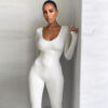 New Low-necked Close-fitting Long Sleeve High Waist Pure Color Sports Fitness Jumpsuit in Jumpsuits