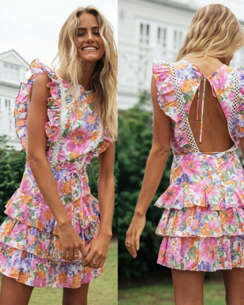 2021 Spring and Summer New Women Hot-Selling Floral-Print round Neck Backless Cake Dress