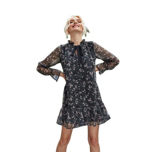 Spring And Autumn Bow Decoration Chiffon Long Sleeve Printed All-matching Fashion Dress