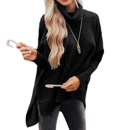 2021 Autumn and Winter  Women Clothing Solid Color Pullover High Collar Sweater Irregular Long Sleeve T-shirt