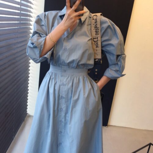French Style Vintage Court Style Waist Single-Breasted Dress  Fall Long Loose Shirt Dress