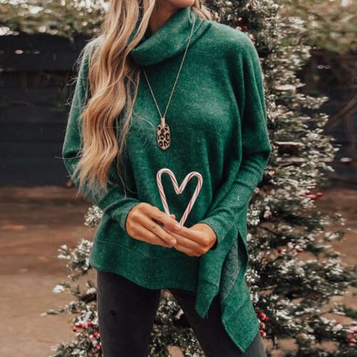 2021 Autumn and Winter  Women Clothing Solid Color Pullover High Collar Sweater Irregular Long Sleeve T-shirt
