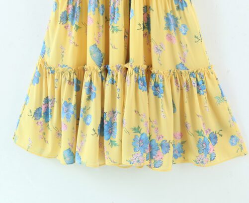 Autumn New  Style Flower Print Wooden Ear Large Skirt Short Sleeve Princess Dress