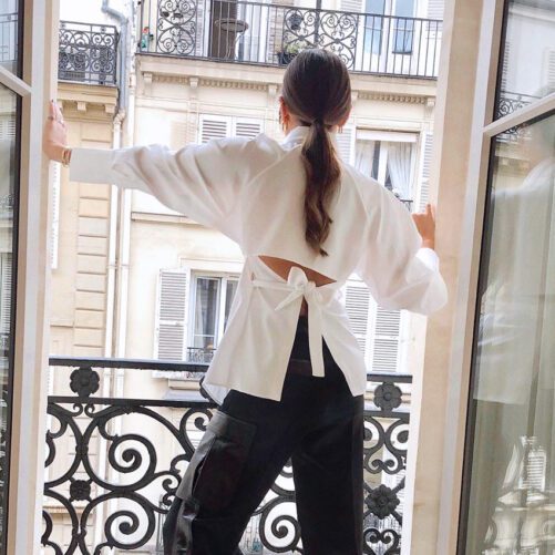 Spring New Design Sense Long Sleeve White Shirt Women Waist-tight Exposed Back Hollow Out Strap Shirt Top