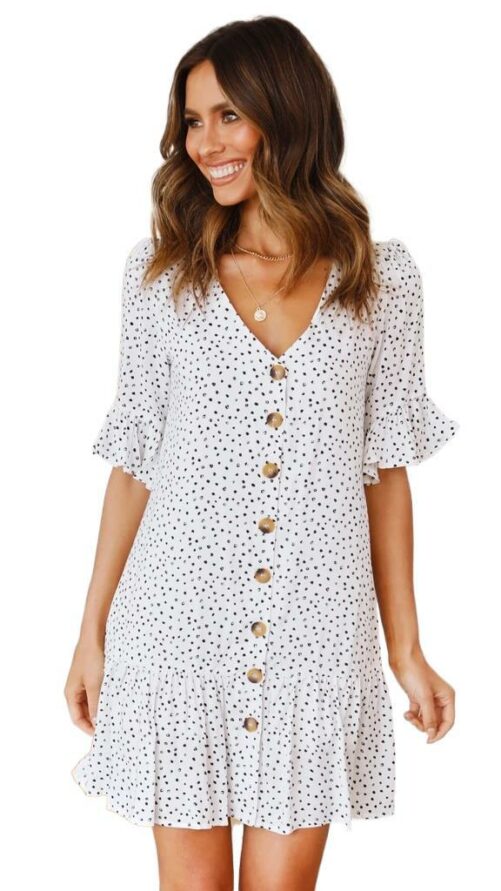 Spring and Summer  V-neck Single-Breasted Short Sleeve Spot Print Dress for Women