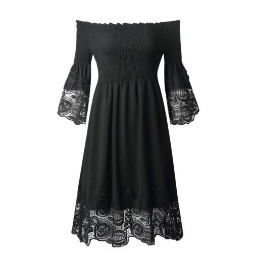 Spring and Summer Top-Selling Product Fashion Women  off-Shoulder Backless Solid Color Lace Dress