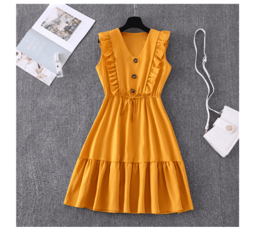 New Yellow V-neck Flounce Bubble Lace-up Dress