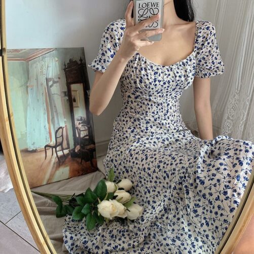 Early Spring New Retro Square Collar Tube Top Ruffled Chiffon Dress Temperament Waist-Controlled Floral Overknee Dress Women Fashion