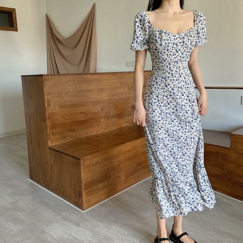 Early Spring New Retro Square Collar Tube Top Ruffled Chiffon Dress Temperament Waist-Controlled Floral Overknee Dress Women Fashion