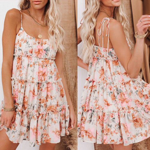 Women Clothing  New 2021 Spring and Summer New Suspender Simple Printed Chiffon Dress with Lining