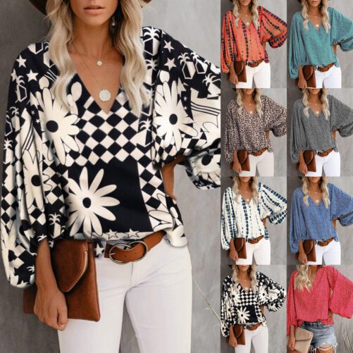 2021 Spring and Summer Women New V-neck Lantern Sleeve Printed Long-Sleeved Top