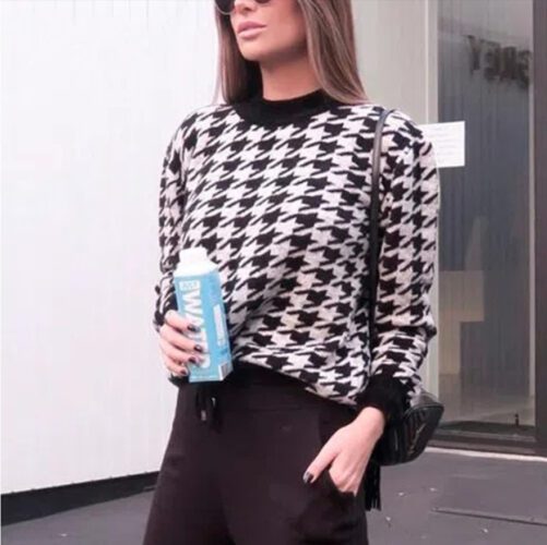 2021 Autumn and Winter New Women Geometric Houndstooth Knit Casual Vintage Pullover Sweater
