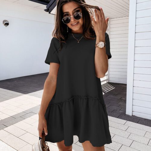 2021 Spring New Temperament Commute Mid-Waist Solid Color Pullover Loose round Neck Ruffled Large Swing Dress Women Clothing