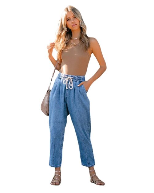 Spring and Summer New Solid Color Loose Lace-up Elastic Straight Fashion Cropped Jeans