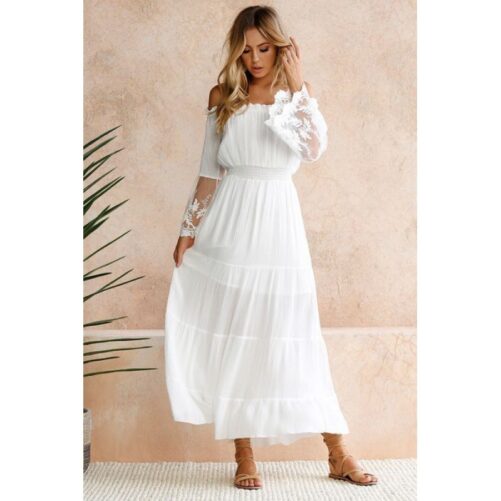Sexy off-Neck Lace Patchwork Flared Sleeves Dress Long Dress