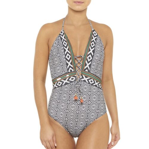 New Women One-Piece Swimming Suit Backless Print Tether Bikini Swimsuit
