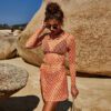 Summer New Printed See-through Blouse round Neck Long Sleeve Beach Cover-up Two-Piece Sexy Seaside Lace-up Blouse in Cover Ups