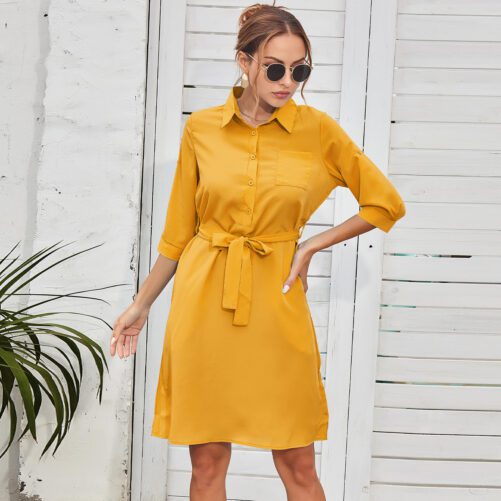 Hot Selling 2021 Summer  Fashion Women Wear 3/4 Sleeve Belt Solid Color Dress