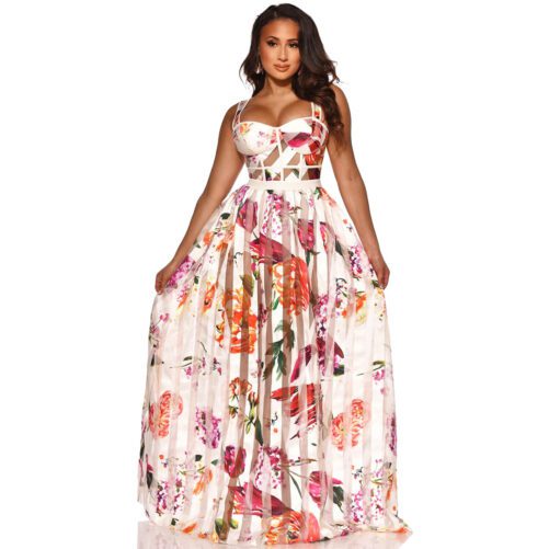Summer New  Chest Wrap Spaghetti-Strap Floral Print Nude See-through Wide Hem Long Dress