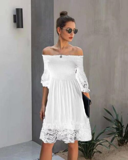 Spring and Summer Top-Selling Product Fashion Women  off-Shoulder Backless Solid Color Lace Dress