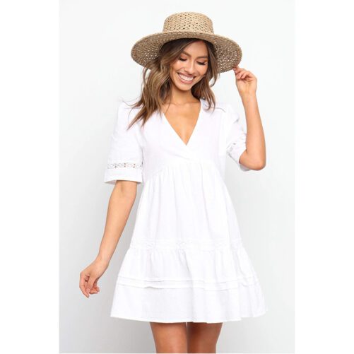 Summer White Hollow Flower V-neck Patchwork Short Sleeve Large Swing Girl Dress Dress