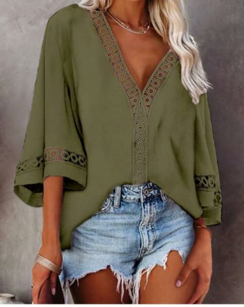 Summer  New V-neck Hollow Lace Shirt