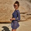 Summer New Printed See-through Blouse round Neck Long Sleeve Beach Cover-up Two-Piece Sexy Seaside Lace-up Blouse in Cover Ups