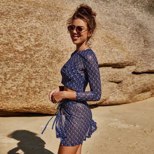 Summer New Printed See-through Blouse round Neck Long Sleeve Beach Cover-up Two-Piece Sexy Seaside Lace-up Blouse