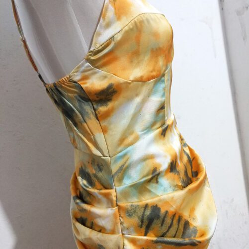 Popular 2021 Sexy Low-Cut Split Sling Dress Irregular Pattern Print Pleated Hip Skirt