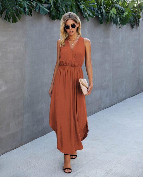 2021 new Fashion Solid Color and V-neck Sleeveless Curved Skirt Women Dress