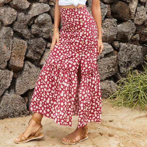 Printed Button Split Wooden Ear Skirt for Women Summer New