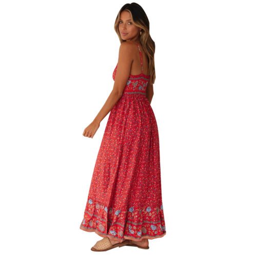 Summer  Women Clothing Bohemian V-neck Rayon Suspender Skirt Floral Dress