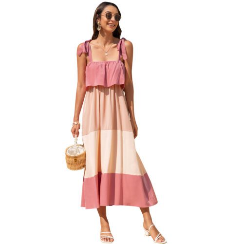 2021 Summer  Women Clothing New Sexy Strap Stitching Contrast Color Long Dress Beach Dress