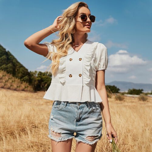 Casual Double Button Pullover V-neck Pleated Short Sleeve Top