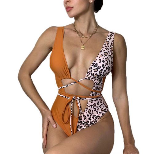 bikini Women One-Piece Contrast Color Lace-up Swimsuit Backless Sexy