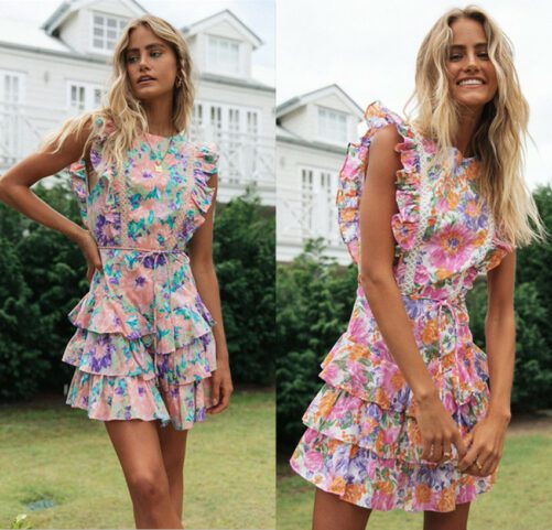 2021 Spring and Summer New Women Hot-Selling Floral-Print round Neck Backless Cake Dress