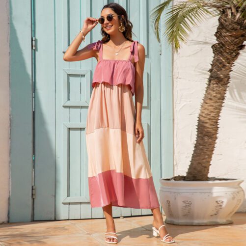 2021 Summer  Women Clothing New Sexy Strap Stitching Contrast Color Long Dress Beach Dress