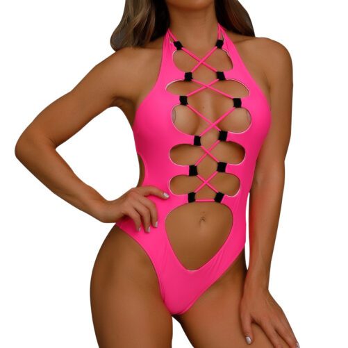 2021 New One-Piece Swimsuit Women  Sexy Midriff Outfit Lace-up Cutout Swimsuit Solid Color Bikini