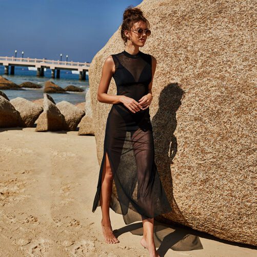 Summer Solid Color Long Women Clothing Sexy Sleeveless V-neck Beach Cover-up See-through Split Bikini Swimsuit Blouse