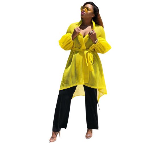 2021 Spring  Elegant Women Clothing Solid Color Lace-up See-through Coat in Trench Coats