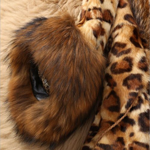 Fur Faux Fur Coat Raccoon Fur Collar Leopard Print Mid-Length Womens Coat